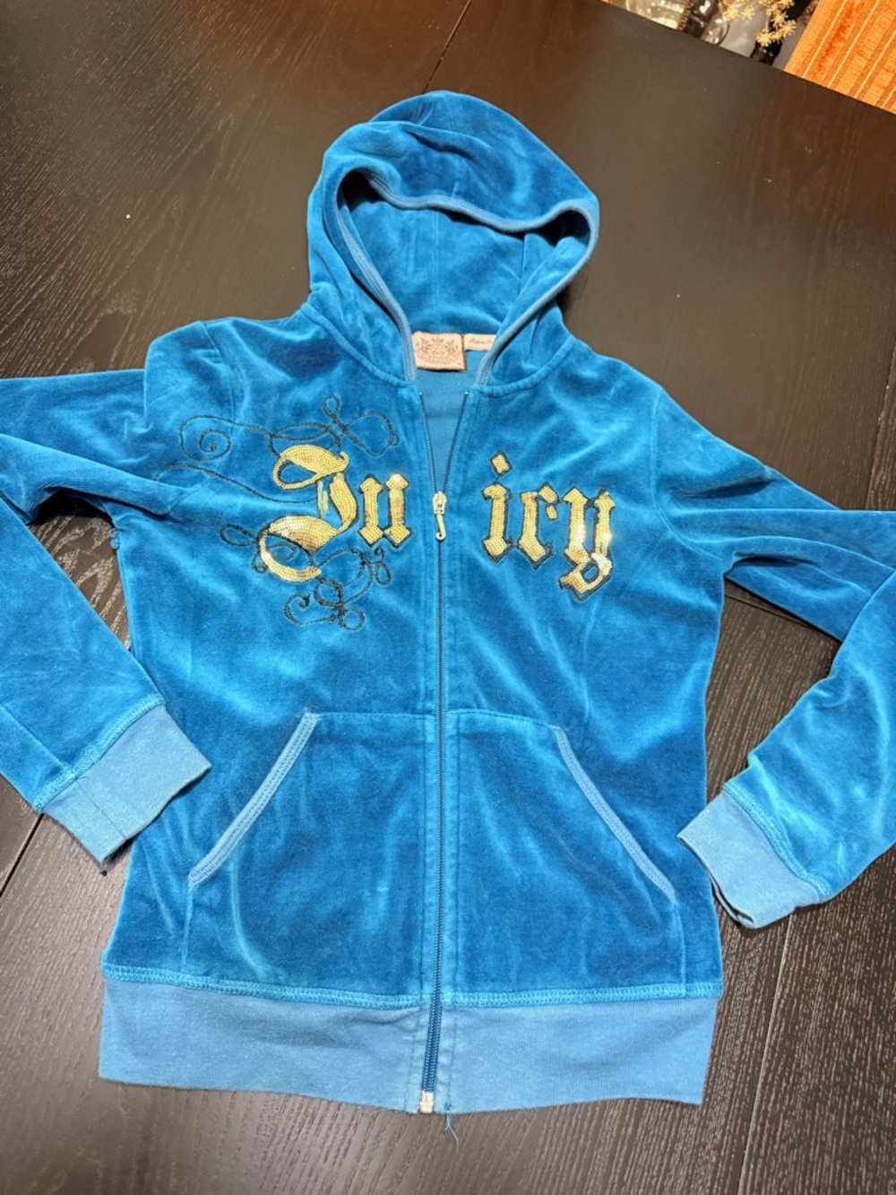 Vintage Y2K Juicy Couture Teal Blue Velour Zip Hoodie with Gold Embroidery